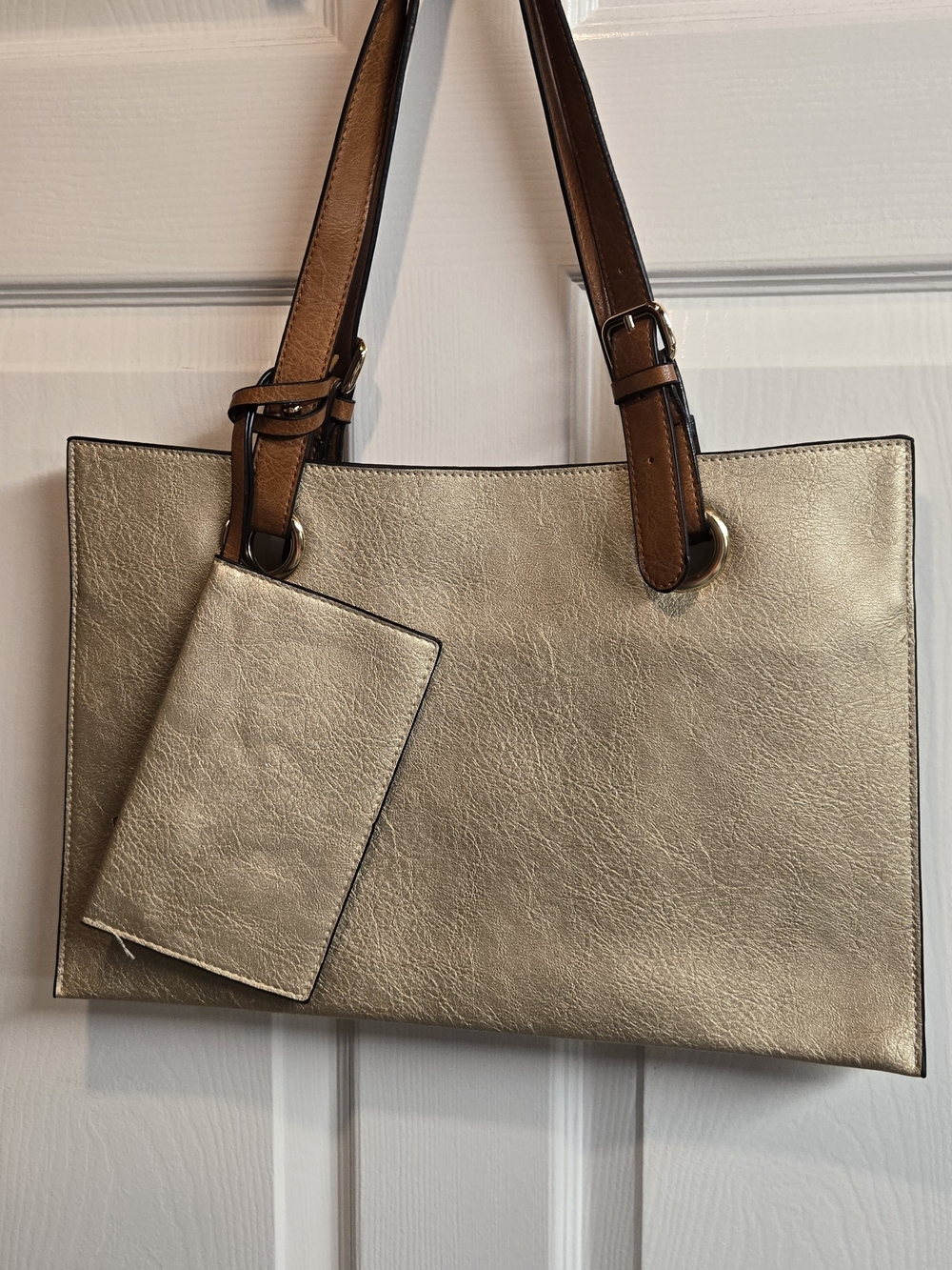 Metallic Gold Tote Bag with Brown Straps